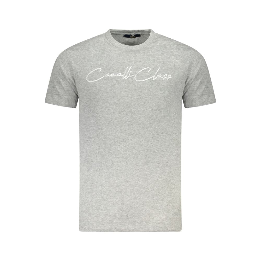 T-Shirt by Cavalli Class for men in cotton gray & print showcases a fashionable silhouette, elegantly detailed with a fashionable short-sleeve and crew neckline for a sophisticated, high-fashion look.
