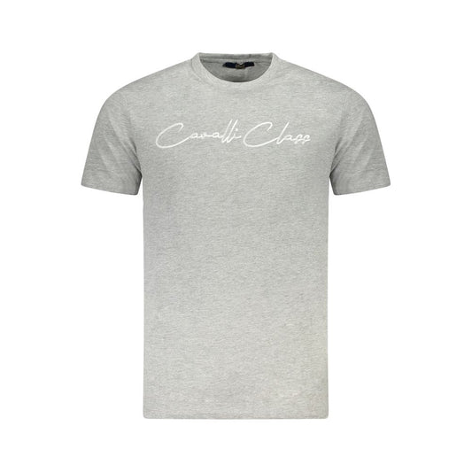 T-Shirt by Cavalli Class for men in cotton gray & print showcases a fashionable silhouette, elegantly detailed with a fashionable short-sleeve and crew neckline for a sophisticated, high-fashion look.