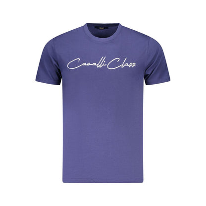 T-Shirt by Cavalli Class for men in cotton blue & print showcases a dramatic silhouette, elegantly detailed with a dramatic and for a truly dramatic finish.