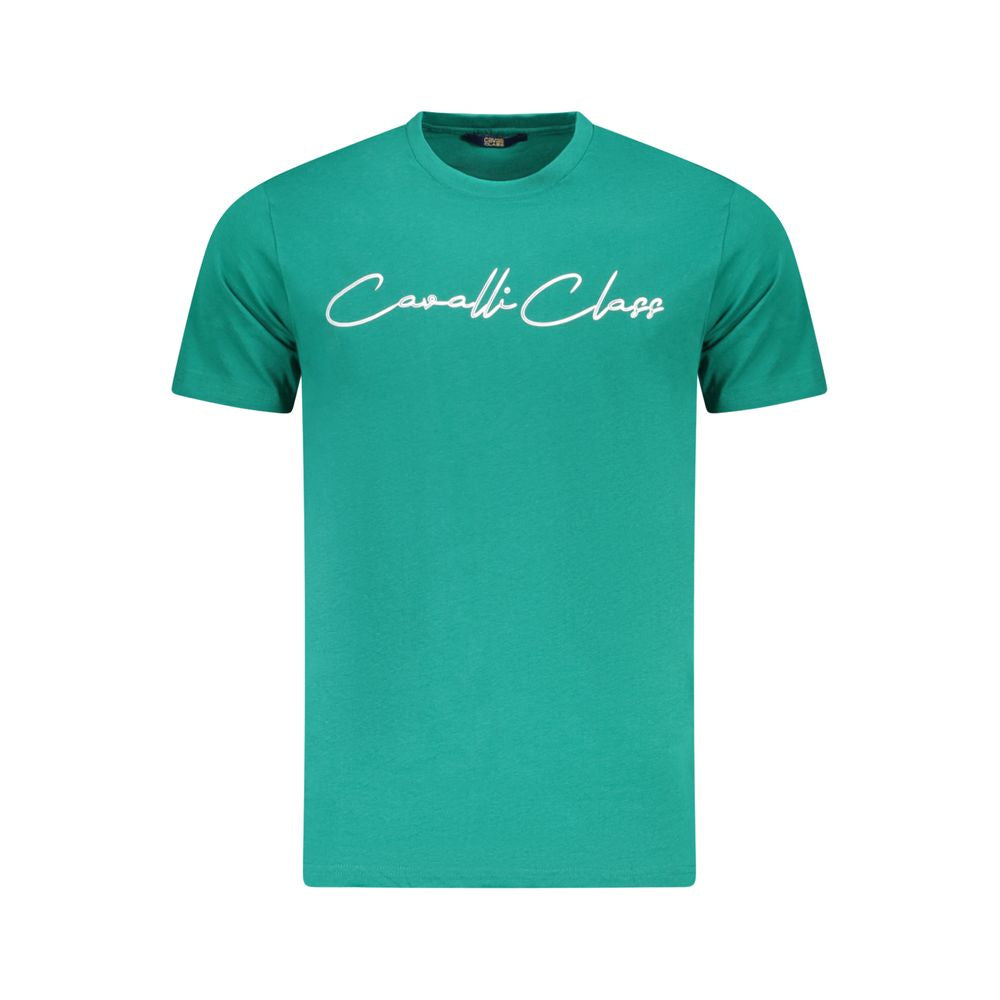 T-Shirt by Cavalli Class for men in cotton green, signature-print & print showcases a dramatic silhouette, elegantly detailed with a dramatic crew neckline and short-sleeve for a truly dramatic finish.