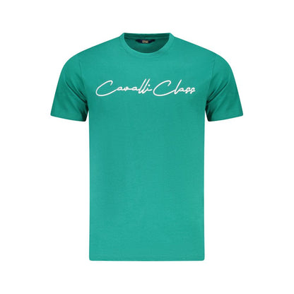 T-Shirt by Cavalli Class for men in cotton green, signature-print & print showcases a dramatic silhouette, elegantly detailed with a dramatic crew neckline and short-sleeve for a truly dramatic finish.