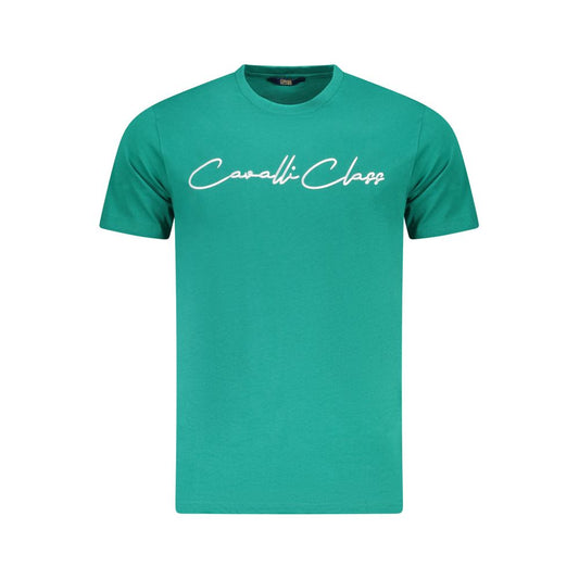 T-Shirt by Cavalli Class for men in cotton green, signature-print & print showcases a dramatic silhouette, elegantly detailed with a dramatic crew neckline and short-sleeve for a truly dramatic finish.