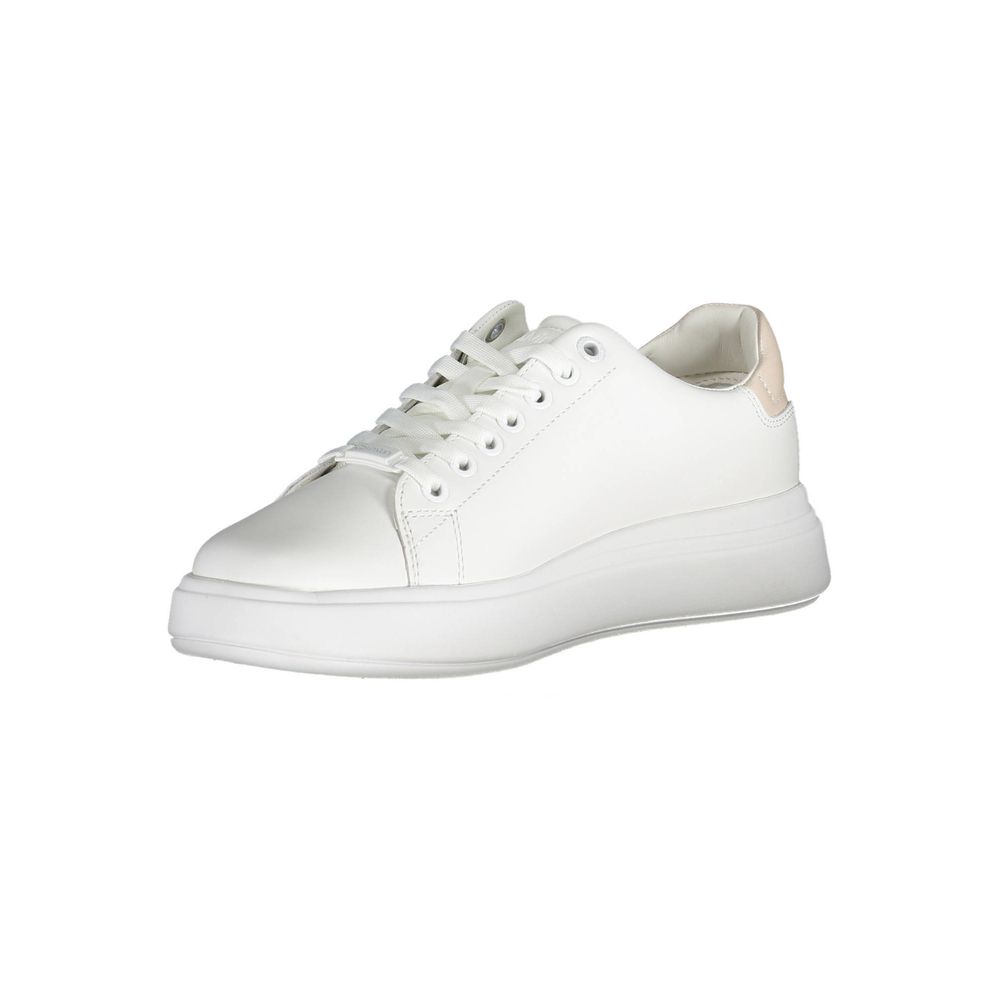 Sneakers by Calvin Klein for women in polyester leather white presents a sumptuous silhouette from the Women's Fashion Polyester Leather Sneakers collection, showcasing a sumptuous fashion style for an elevated aesthetic.