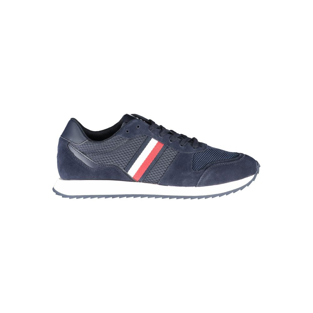 Sneakers by Tommy Hilfiger for men in polyester polyethylene leather blue presents a sumptuous silhouette, artfully capturing the essence of the Men's Fashion Polyester Polyethylene Leather Sneakers with its sumptuous fashion style design.