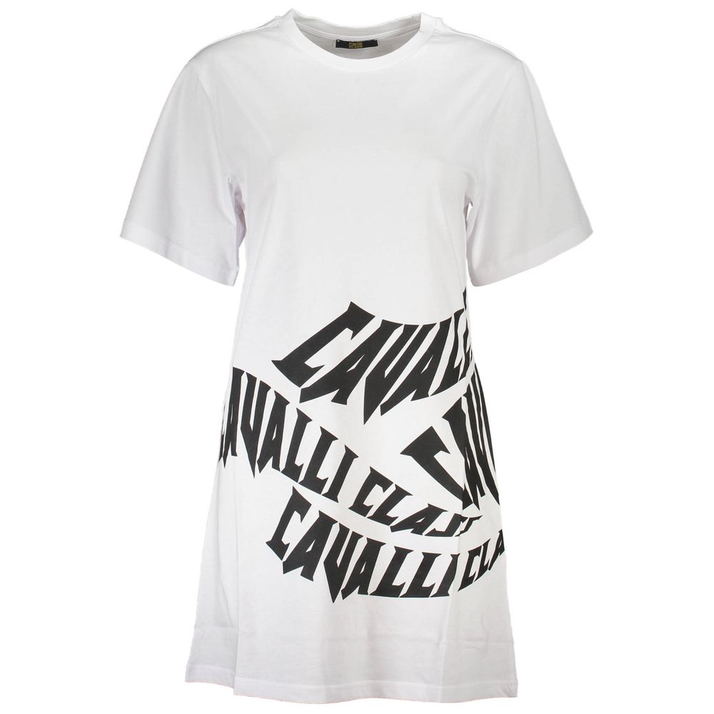 Dress by Cavalli Class for women in cotton white & print features an cute silhouette, detailed with a short-sleeve and round neckline that elegantly flows into a cute short.