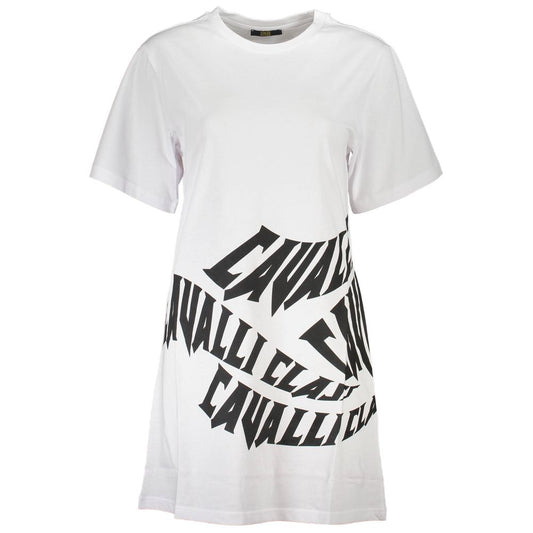 Dress by Cavalli Class for women in cotton white & print features an cute silhouette, detailed with a short-sleeve and round neckline that elegantly flows into a cute short.