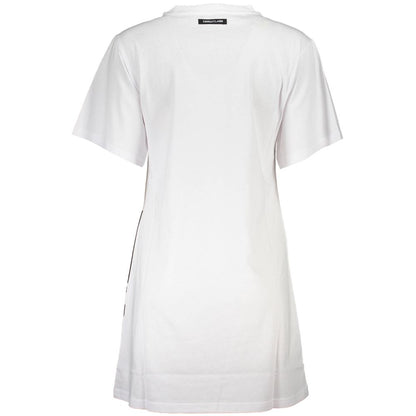 Dress by Cavalli Class for women in cotton white & print presents a sinuous silhouette, showcasing a sophisticated and detailed with a sinuous short for a refined finish.