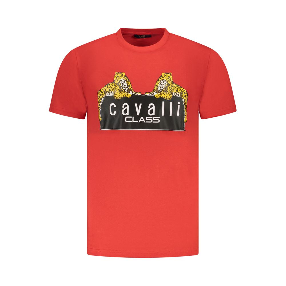 T-Shirt by Cavalli Class for men in cotton red & print showcases a unassuming silhouette, artfully detailed with a refined crew neckline and unassuming for a sophisticated, contemporary look.