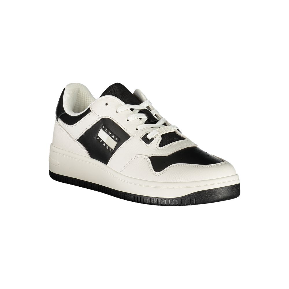 Athletic Sneakers by Tommy Hilfiger for men in polyester polyethylene leather black & white features an architectural silhouette from the Crisp Men's Athletic Polyester Polyethylene Leather Sneakers collection, showcasing a architectural athletic style for a architectural look.