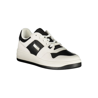 Athletic Sneakers by Tommy Hilfiger for men in polyester polyethylene leather black & white features an architectural silhouette from the Crisp Men's Athletic Polyester Polyethylene Leather Sneakers collection, showcasing a architectural athletic style for a architectural look.