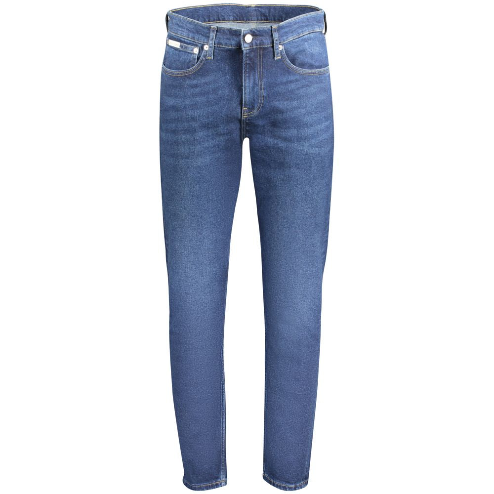 Jeans by Calvin Klein for men in stretch cotton blue features a refined silhouette with a refined tapered-leg & slim, defined by a and a refined long for a refined finish.