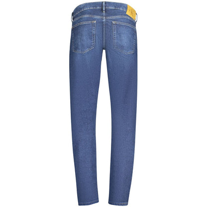 Jeans by Calvin Klein for men in stretch cotton blue features a polished silhouette with a polished tapered-leg & slim, reaching a polished long and finished with a polished .