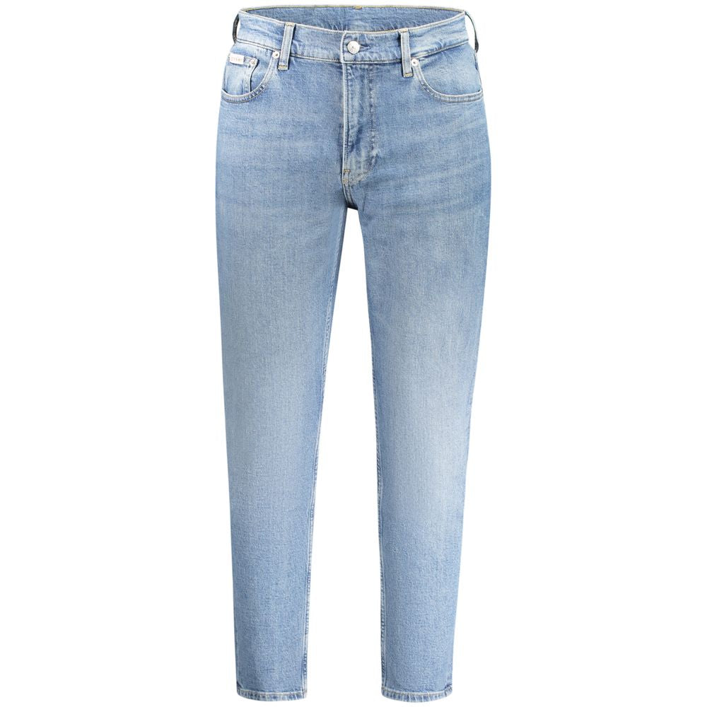 Jeans by Calvin Klein for men in stretch denim cotton blue features an sartorial and long with a cut for a sartorial finish.