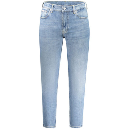 Jeans by Calvin Klein for men in stretch denim cotton blue features an sartorial and long with a cut for a sartorial finish.
