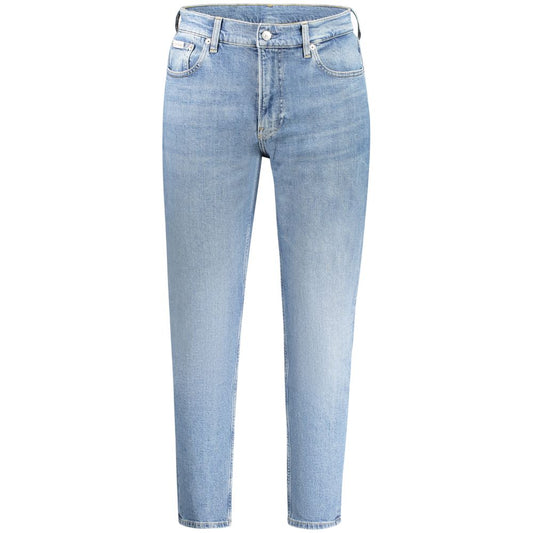 Jeans by Calvin Klein for men in stretch denim cotton blue features an sartorial and long with a cut for a sartorial finish.