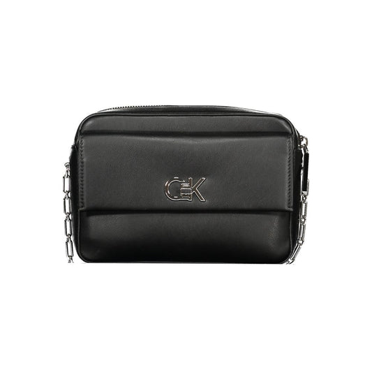 Shoulder Handbag by Calvin Klein for women in polyester polyethylene faux leather black features a signature silhouette, showcasing a secure zipper and signature external-pockets & cardholder with versatile shoulder-strap for a sophisticated look.