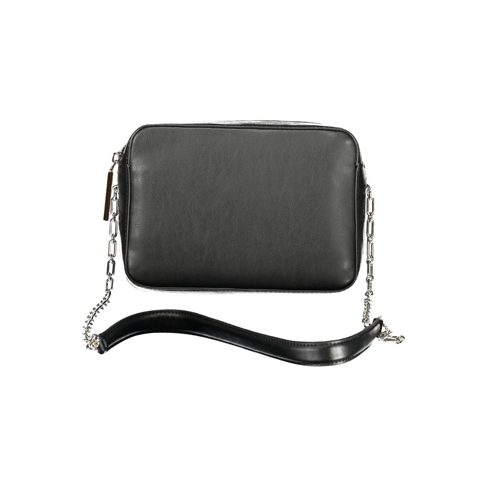 Shoulder Handbag by Calvin Klein for women in polyester polyethylene faux leather black features a ornamental silhouette, showcasing a secure zipper, ample external-pockets & cardholder, and ornamental shoulder-strap for a sophisticated look.