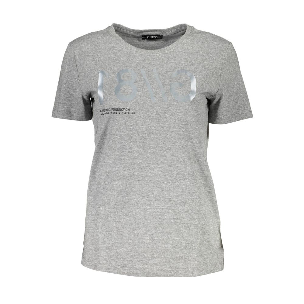 T-Shirt by Guess Jeans for women in cotton canvas brown, gray & print showcases a fashionable silhouette, elegantly detailed with a fashionable short-sleeve and wide-neck neckline for a sophisticated, high-fashion look.