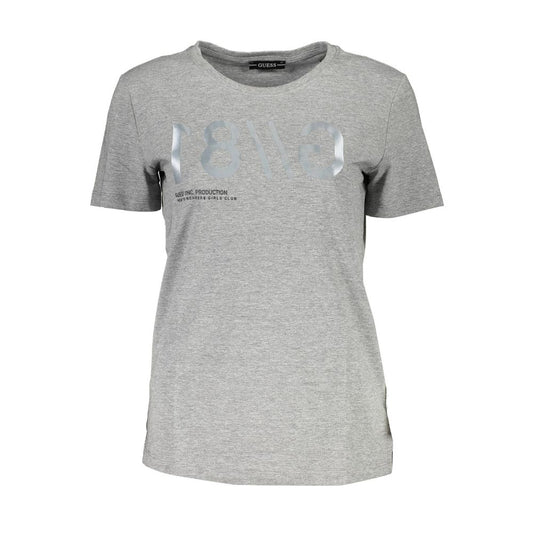 T-Shirt by Guess Jeans for women in cotton canvas brown, gray & print showcases a fashionable silhouette, elegantly detailed with a fashionable short-sleeve and wide-neck neckline for a sophisticated, high-fashion look.
