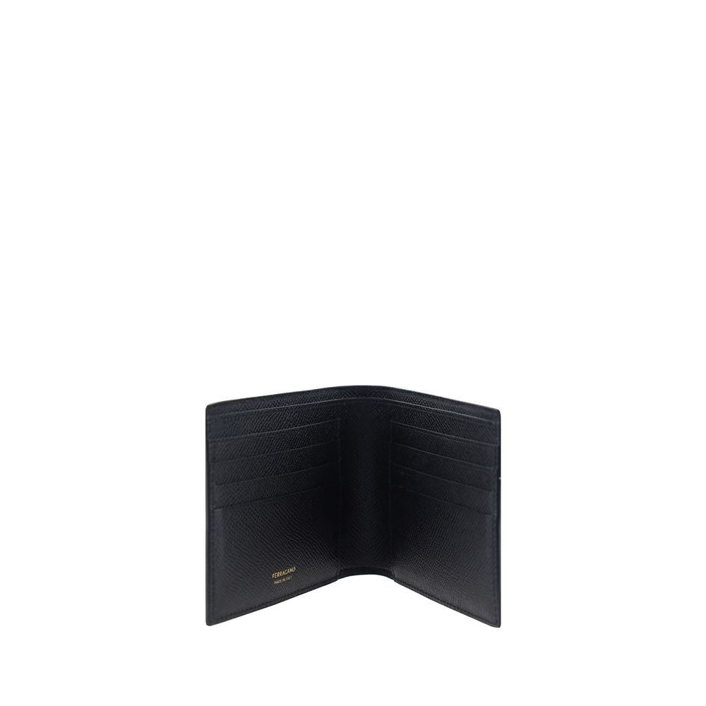 Cardholder Wallet by Ferragamo for men in grained calfskin leather black, signature & monogram showcases a distinguished silhouette, artfully capturing the essence of the distinguished Gancini Grained Calfskin Leather Cardholder Wallet design with functional card-organization billfold.