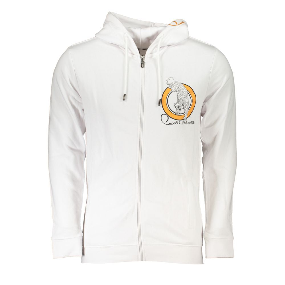 Sweatshirt Hoodie by Cavalli Class for men in cotton polyester white, signature-print & print features a edgy silhouette, detailed with a edgy hooded neckline and long-sleeve for a refined finish.