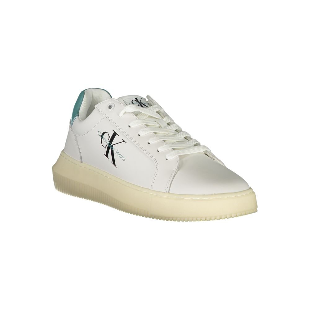 Sneakers by Calvin Klein for men in polyester polyethylene leather white & print presents a sumptuous silhouette, artfully capturing the essence of the Men's Fashion Polyester Polyethylene Leather Sneakers with its sumptuous fashion style design.