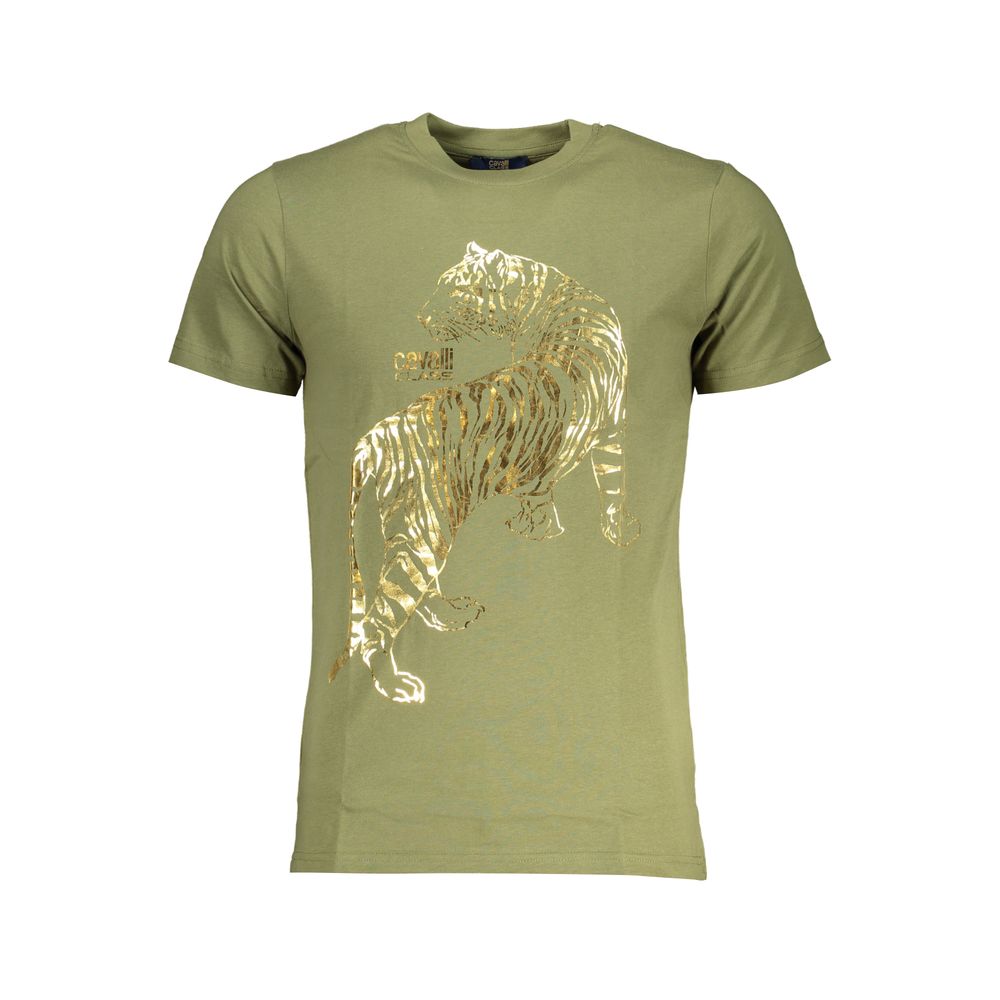 T-Shirt by Cavalli Class for men in cotton green & print showcases a dramatic silhouette, elegantly detailed with a dramatic crew neckline and for a truly dramatic finish.