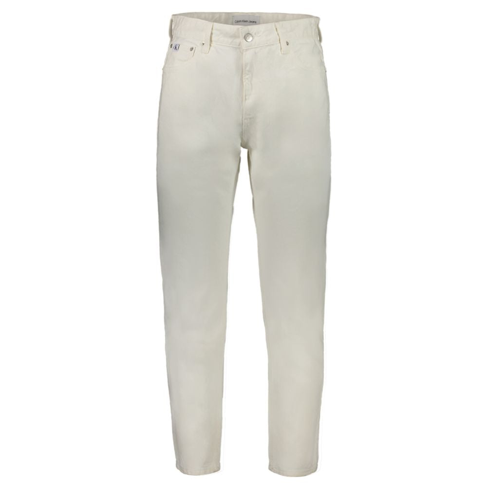 Jeans by Calvin Klein for men in denim cotton white features a polished silhouette with a polished straight-leg, reaching a polished long and finished with a polished .