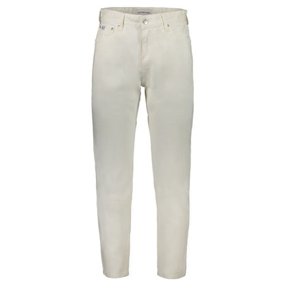 Jeans by Calvin Klein for men in denim cotton white features a polished silhouette with a polished straight-leg, reaching a polished long and finished with a polished .
