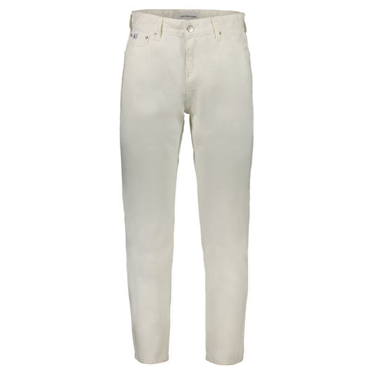 Jeans by Calvin Klein for men in denim cotton white features a polished silhouette with a polished straight-leg, reaching a polished long and finished with a polished .