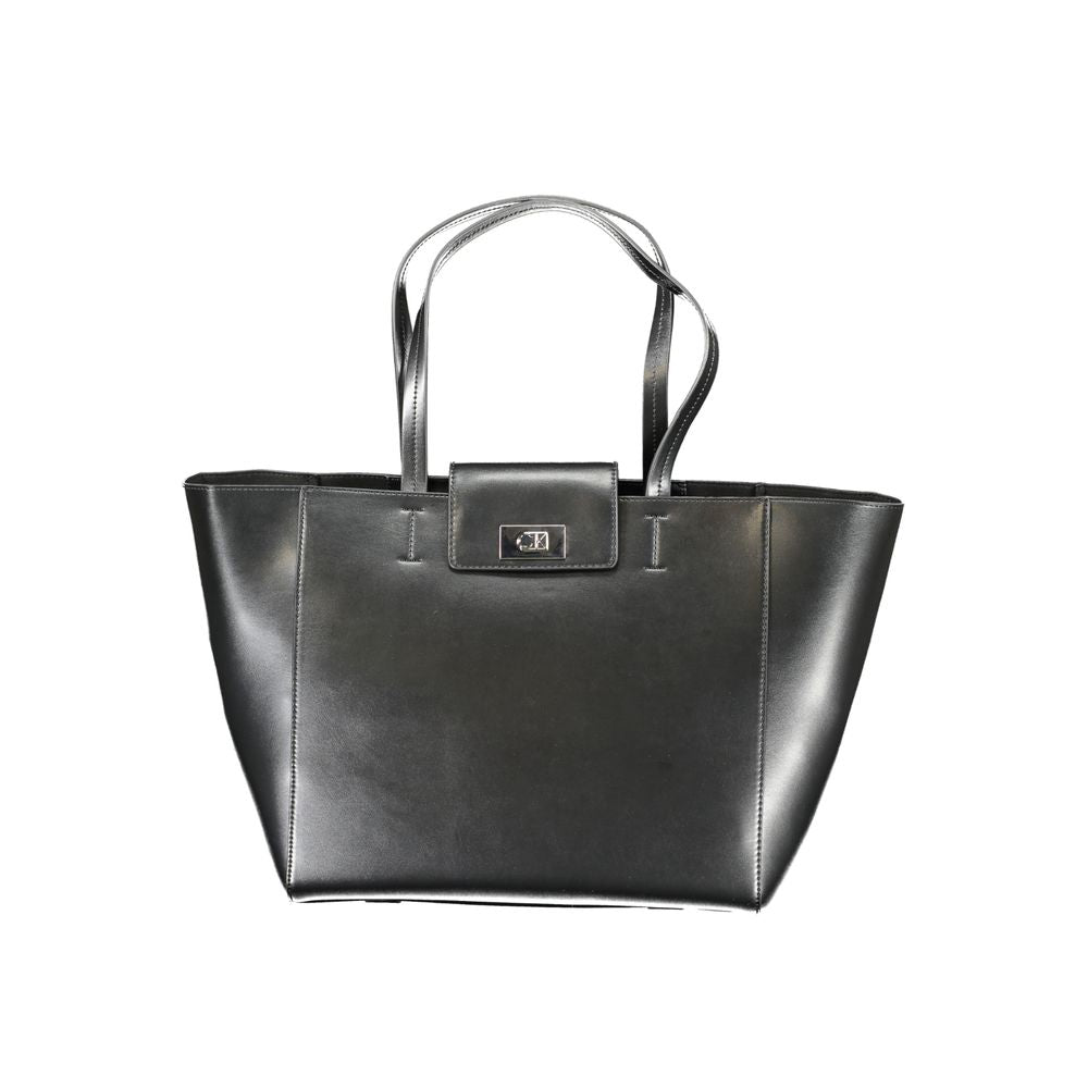 Shopper Handbag by Calvin Klein for women in polyester faux leather black features a ornamental silhouette, showcasing a secure snap, ample internal-pockets, and ornamental handle for a sophisticated look.