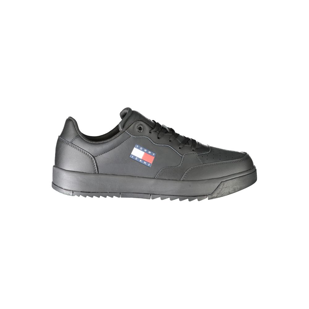 Athletic Sneakers by Tommy Hilfiger for men in polyester polyethylene leather black features an architectural silhouette, showcasing the premium athletic style of the Men's Athletic Polyester Polyethylene Leather Sneakers with an architectural finish.