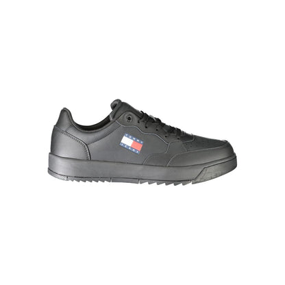 Athletic Sneakers by Tommy Hilfiger for men in polyester polyethylene leather black features an architectural silhouette, showcasing the premium athletic style of the Men's Athletic Polyester Polyethylene Leather Sneakers with an architectural finish.