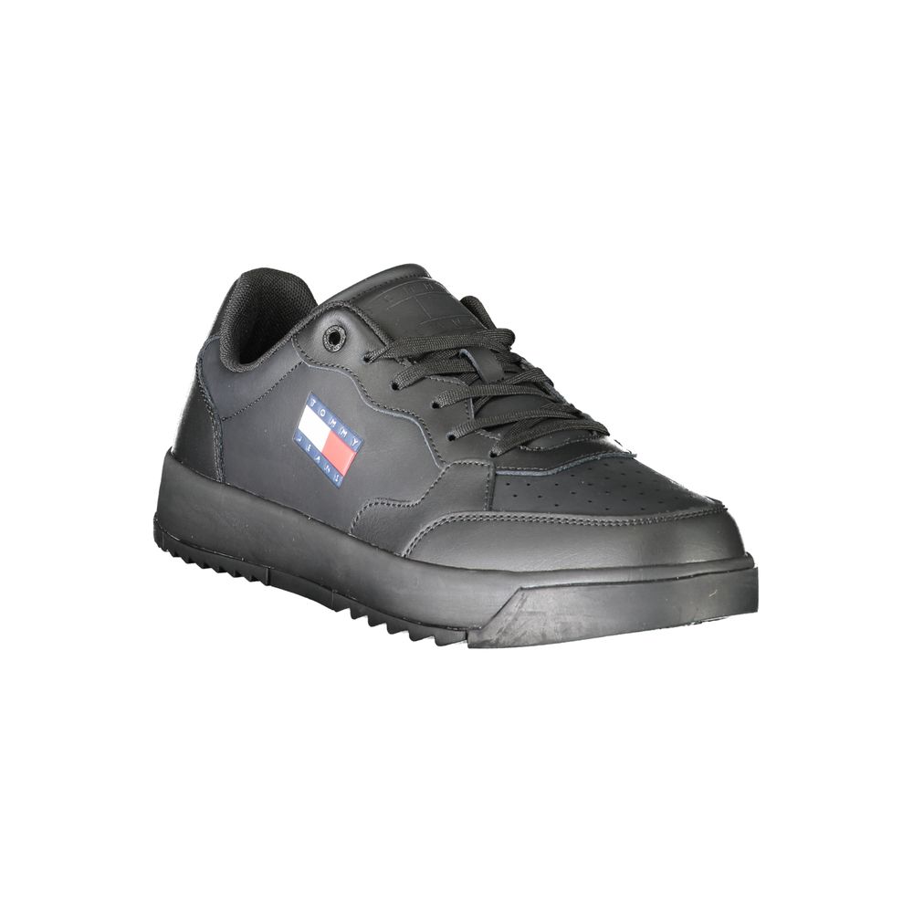 Athletic Sneakers by Tommy Hilfiger for men in polyester polyethylene leather black showcases a architectural silhouette, artfully capturing the essence of the Men's Athletic Polyester Polyethylene Leather Sneakers with its signature architectural athletic style construction.