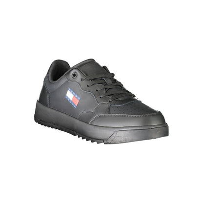 Athletic Sneakers by Tommy Hilfiger for men in polyester polyethylene leather black showcases a architectural silhouette, artfully capturing the essence of the Men's Athletic Polyester Polyethylene Leather Sneakers with its signature architectural athletic style construction.