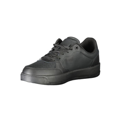 Athletic Sneakers by Tommy Hilfiger for men in polyester polyethylene leather black features an architectural silhouette from the Men's Athletic Polyester Polyethylene Leather Sneakers collection, showcasing a architectural athletic style for a architectural look.