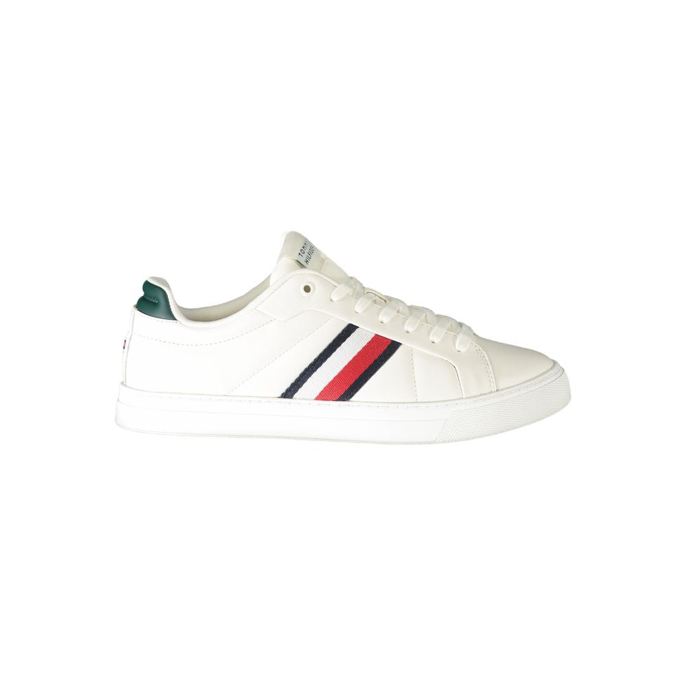 Sneakers by Tommy Hilfiger for men in polyester polyethylene leather green & white features an sumptuous silhouette, showcasing the premium Men's Fashion Polyester Polyethylene Leather Sneakers in a sumptuous fashion style that offers a sumptuous finish for refined style.
