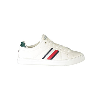 Sneakers by Tommy Hilfiger for men in polyester polyethylene leather green & white features an sumptuous silhouette, showcasing the premium Men's Fashion Polyester Polyethylene Leather Sneakers in a sumptuous fashion style that offers a sumptuous finish for refined style.