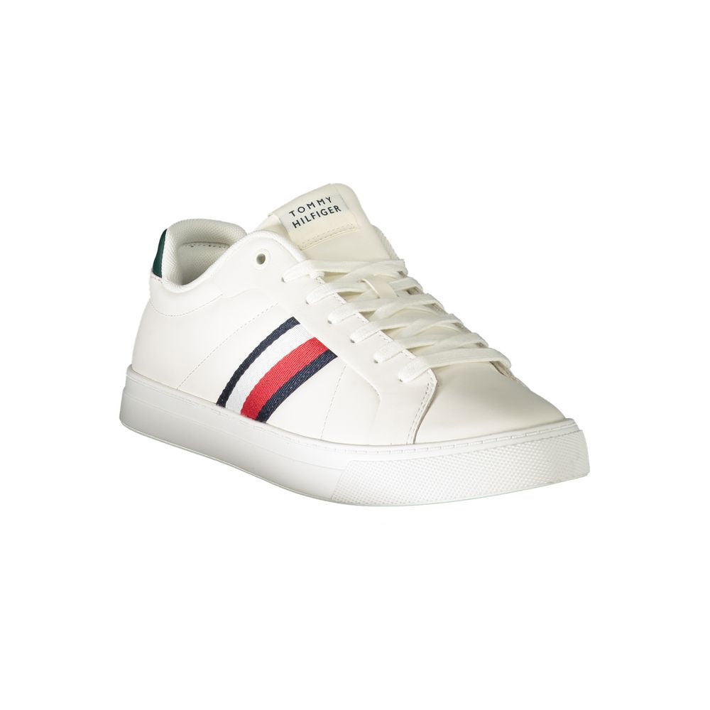 Sneakers by Tommy Hilfiger for men in polyester polyethylene leather green & white presents a sumptuous silhouette, artfully capturing the essence of the Men's Fashion Polyester Polyethylene Leather Sneakers with its sumptuous fashion style design.