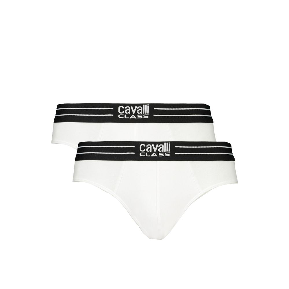 Underwear Briefs by Cavalli Class for men in stretch cotton plush white, signature & print features a subtle silhouette, showcasing the subtle design of this Men's Stretch Cotton Plush Underwear Briefs with a subtle fit.