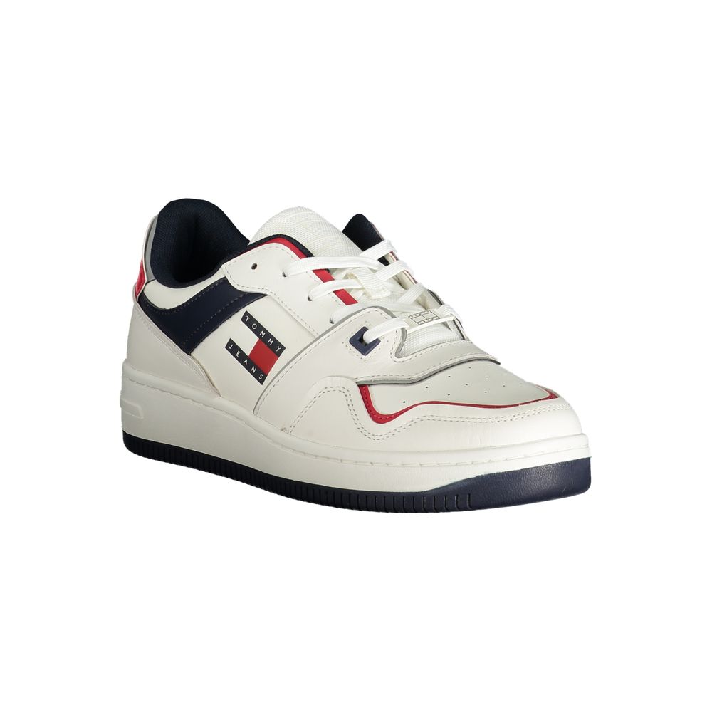 Sneakers by Tommy Hilfiger for men in polyester polyethylene leather blue, red & white presents a sumptuous silhouette from the Men's Athletic Polyester Polyethylene Leather Sneakers collection, showcasing a sumptuous athletic style for an elevated aesthetic.