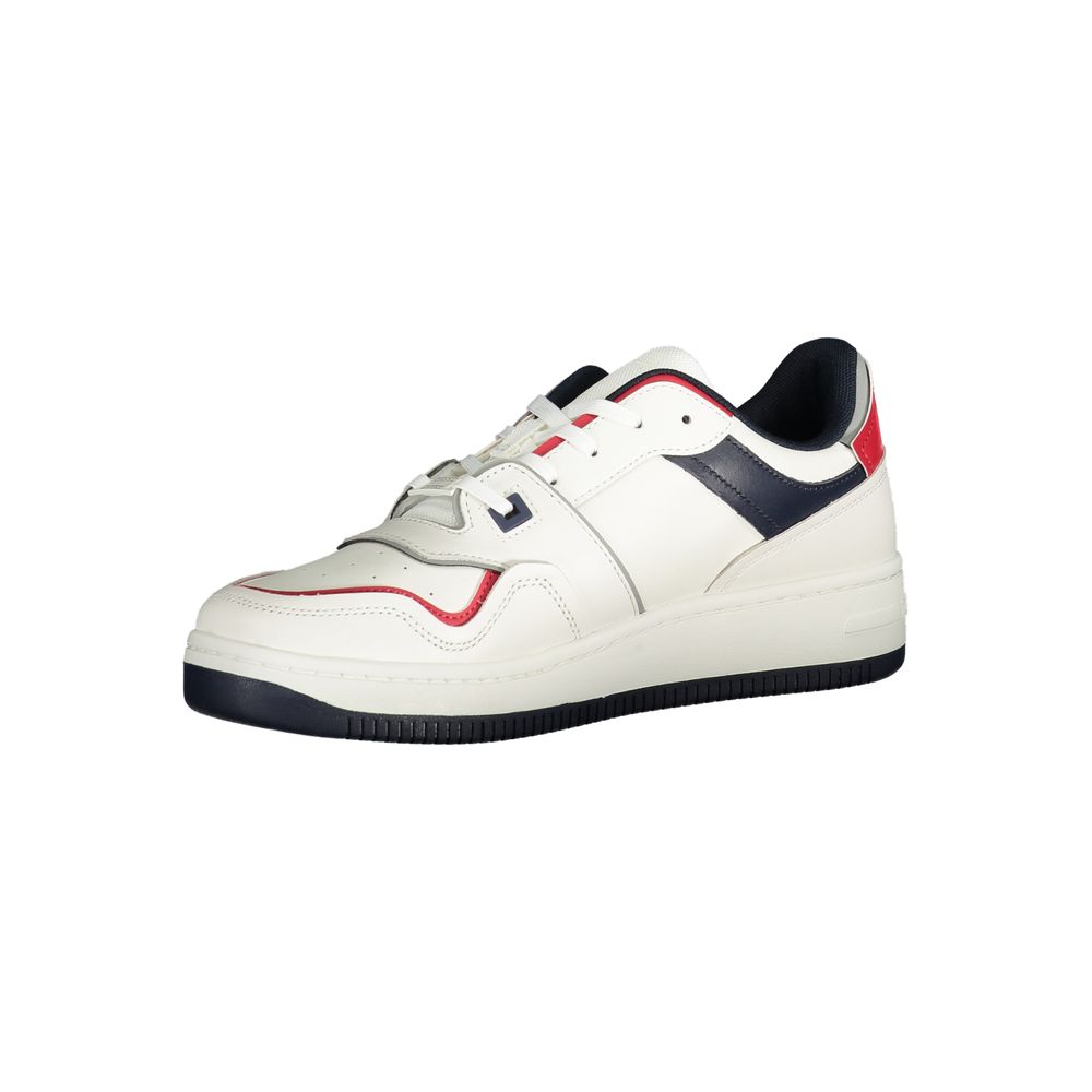 Sneakers by Tommy Hilfiger for men in polyester polyethylene leather blue, red & white presents a sumptuous silhouette, artfully capturing the essence of the Men's Athletic Polyester Polyethylene Leather Sneakers with its sumptuous athletic style design.