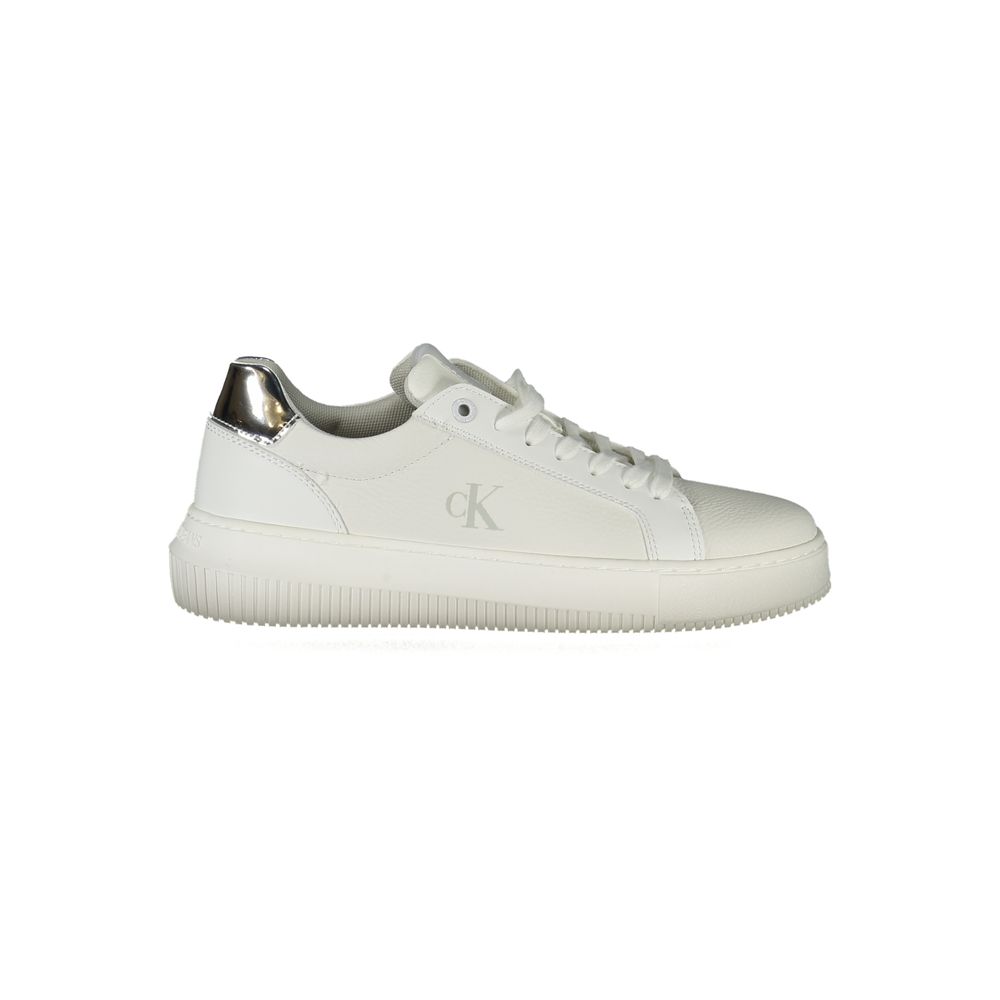 Sneakers by Calvin Klein for women in polyester polyethylene leather silver & white features an sumptuous design from the Women's Casual Polyester Polyethylene Leather Sneakers collection, highlighting a sumptuous casual style for a premium, high-fashion look.