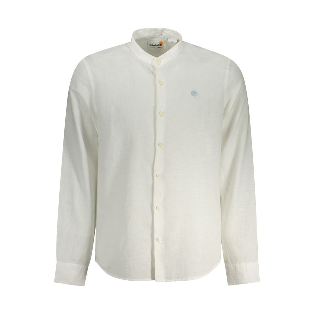 Shirt by Timberland for men in cotton white features an polished silhouette, showcasing a sophisticated mandarin neckline and long-sleeve detail for a truly polished finish.