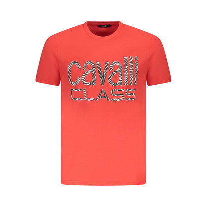 T-Shirt by Cavalli Class for men in cotton red features an edgy silhouette, meticulously detailed with a sophisticated short-sleeve and crew neckline for a truly edgy finish.