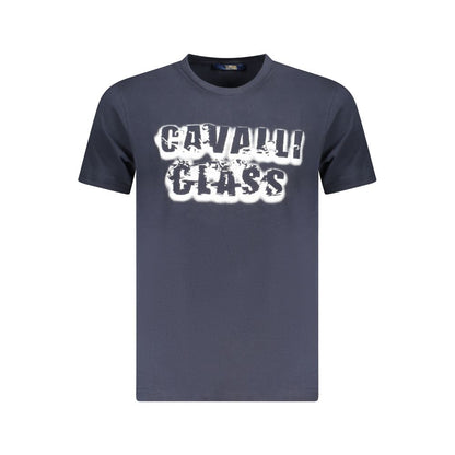 T-Shirt by Cavalli Class for men in cotton blue & print features an edgy silhouette, meticulously detailed with a sophisticated and for a truly edgy finish.