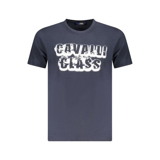 T-Shirt by Cavalli Class for men in cotton blue & print features an edgy silhouette, meticulously detailed with a sophisticated and for a truly edgy finish.