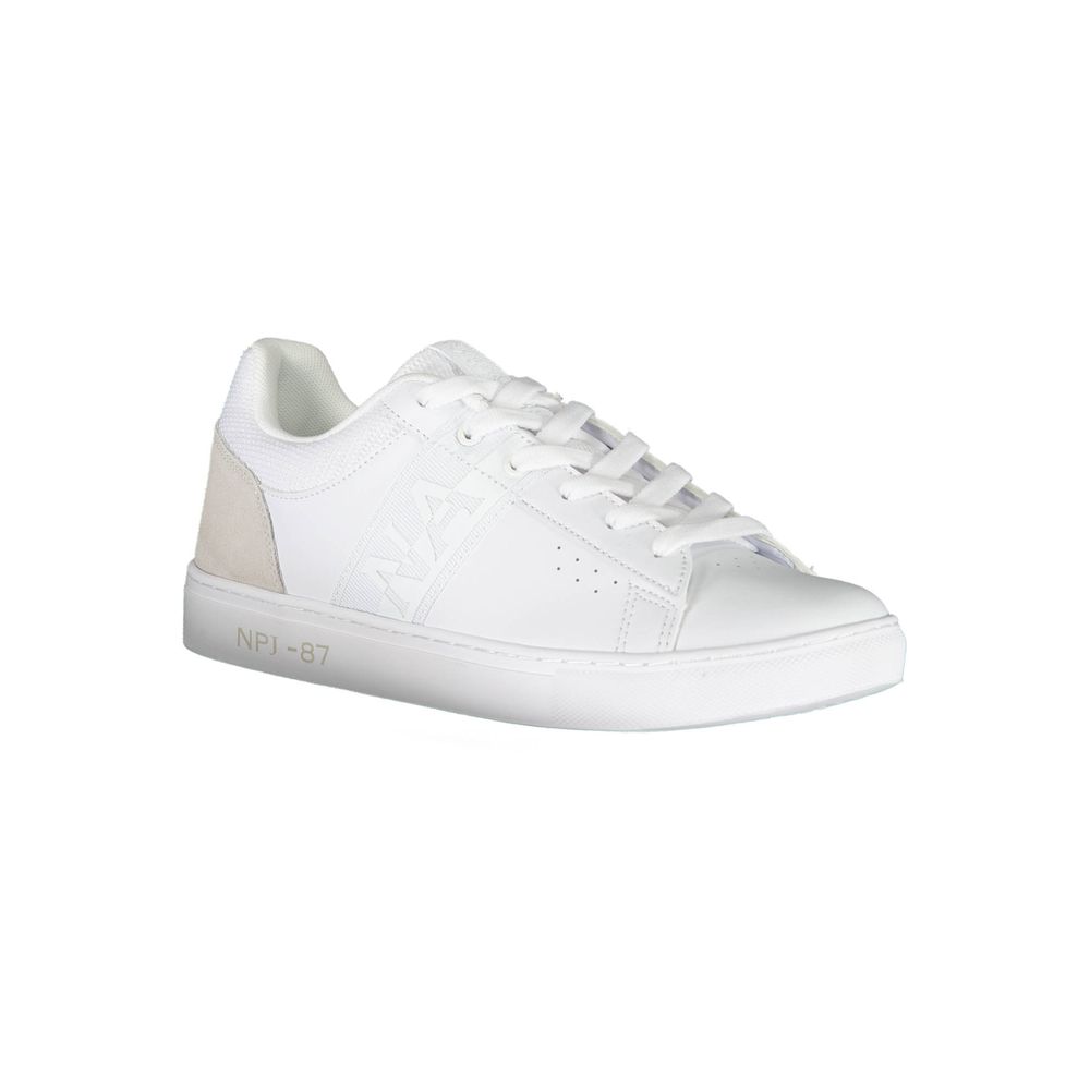 Athletic Sneakers by Napapijri for men in polyester polyethylene leather white features an architectural silhouette, showcasing the premium athletic style of the Crisp Men's Athletic Polyester Polyethylene Leather Sneakers with an architectural finish.