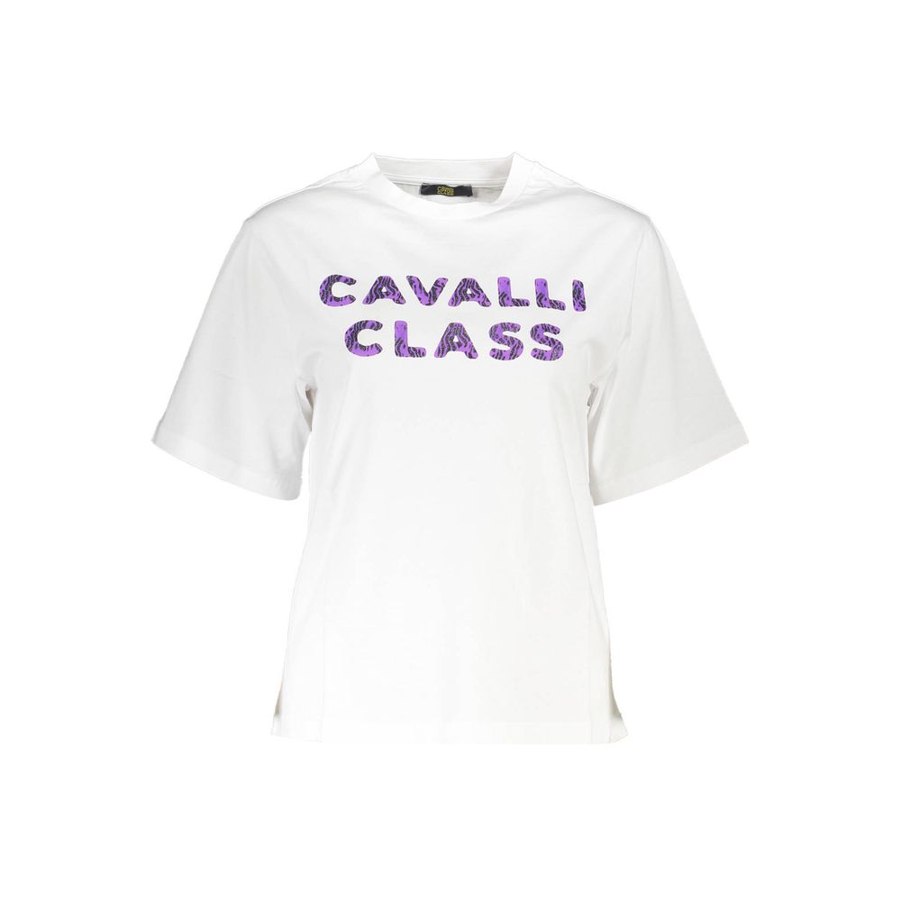 T-Shirt by Cavalli Class for women in cotton white & print features a plush silhouette, showcasing a sophisticated round neckline and short-sleeve for a truly plush finish.