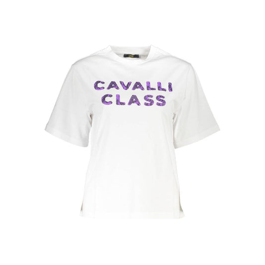 T-Shirt by Cavalli Class for women in cotton white & print features a plush silhouette, showcasing a sophisticated round neckline and short-sleeve for a truly plush finish.